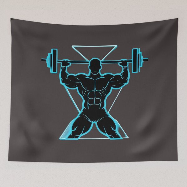 Item preview, Neon powerlift – muscular silhouette in blue light designed and sold by LoomisDreams.