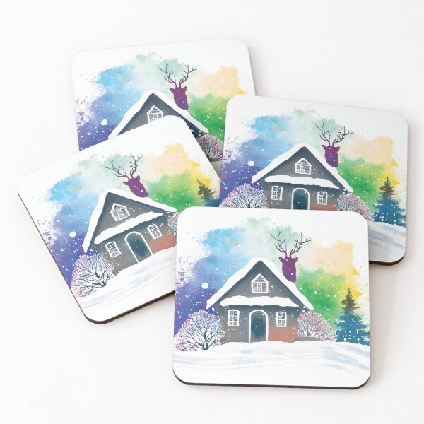 Item preview, Cosy Cottage Rainbow colors winter pine trees landscape watercolor painting abstract style,  snowflakes falling, bright vivid colors winter holiday season decor  designed and sold by navitalidesign.
