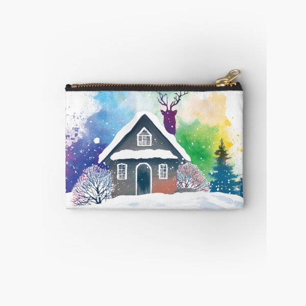 Item preview, Cosy Cottage Rainbow colors winter pine trees landscape watercolor painting abstract style,  snowflakes falling, bright vivid colors winter holiday season decor  designed and sold by navitalidesign.