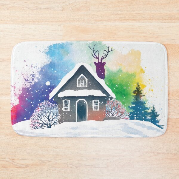 Item preview, Cosy Cottage Rainbow colors winter pine trees landscape watercolor painting abstract style,  snowflakes falling, bright vivid colors winter holiday season decor  designed and sold by navitalidesign.