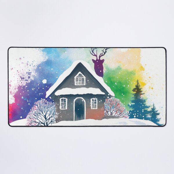 Item preview, Cosy Cottage Rainbow colors winter pine trees landscape watercolor painting abstract style,  snowflakes falling, bright vivid colors winter holiday season decor  designed and sold by navitalidesign.