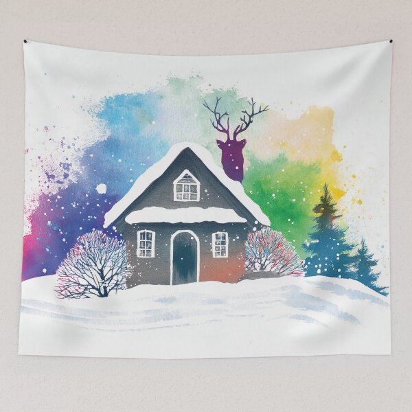 Item preview, Cosy Cottage Rainbow colors winter pine trees landscape watercolor painting abstract style,  snowflakes falling, bright vivid colors winter holiday season decor  designed and sold by navitalidesign.