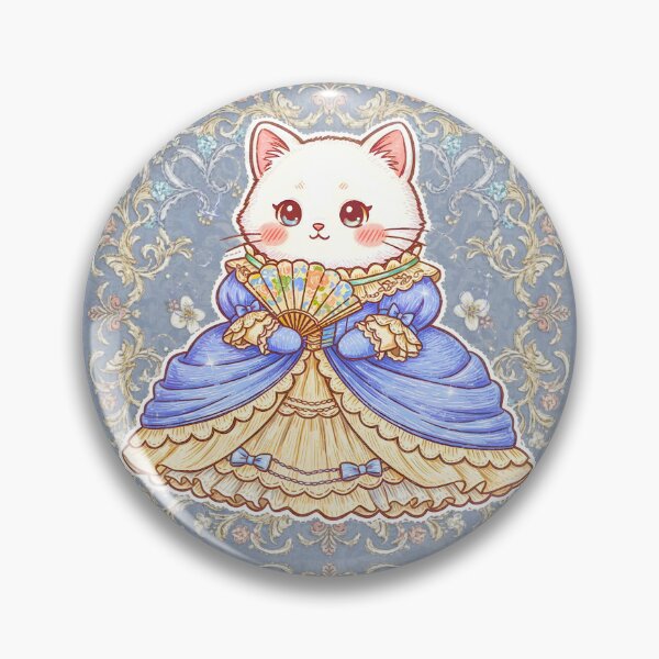 Artikelvorschau, Kawaii-Prinzessinnen-Kätzchen im blau-goldenen Rokoko-Kleid im viktorianischen Stil, Vintage-Design mit königlicher Katze und Fächer entworfen und verkauft von JOSTH.