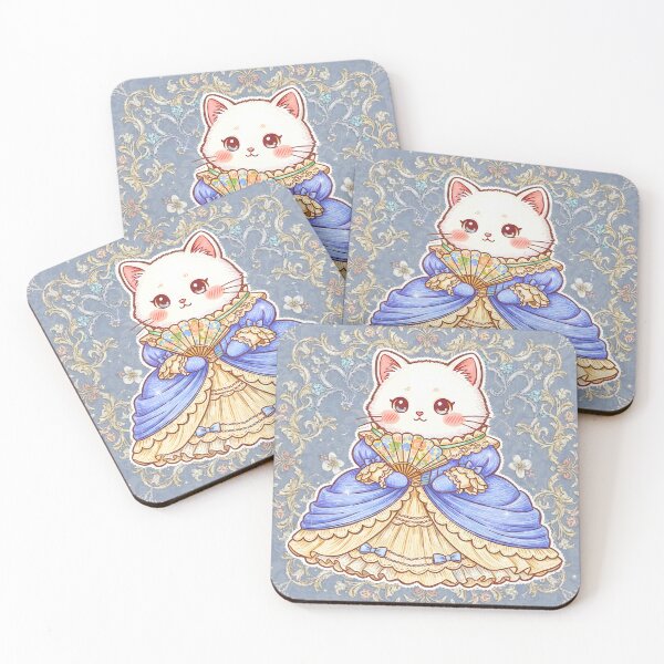 Item preview, Kawaii Princess Kitten in Blue and Gold Rococo Victorian Dress, Vintage Royal Cat Design with Fan designed and sold by JOSTH.