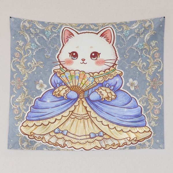 Item preview, Kawaii Princess Kitten in Blue and Gold Rococo Victorian Dress, Vintage Royal Cat Design with Fan designed and sold by JOSTH.
