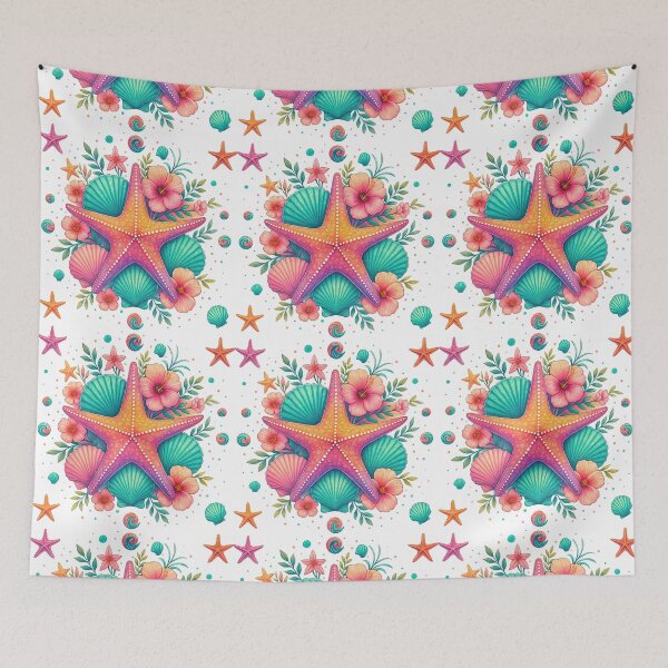 Item preview, Tropical Starfish with Seashells and Flowers designed and sold by ArtfulWeave.