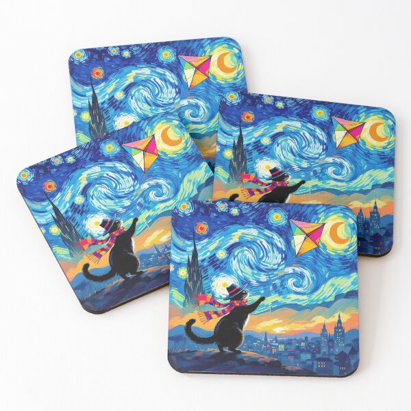 Item preview, Black Cat Flying a Kite Under Starry Sky designed and sold by kathleensay.