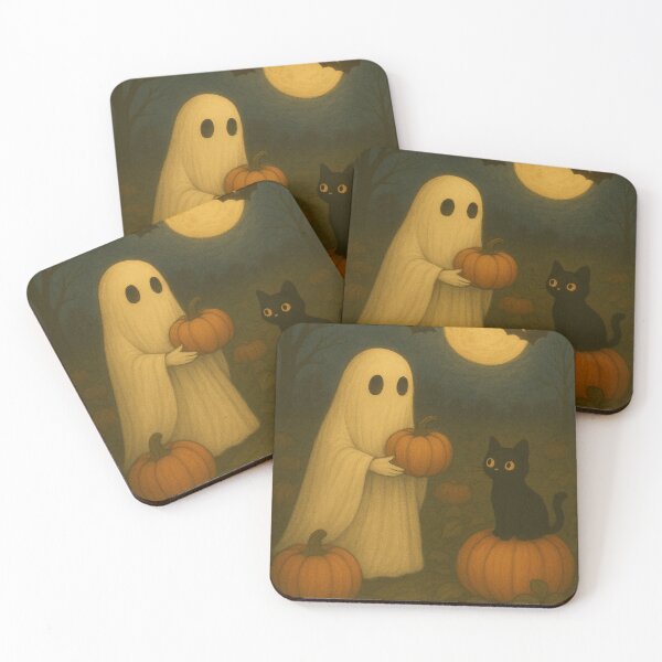 Item preview, Haunted Pumpkin Patch - Cozy Ghost and Black Cat Under the Full Moon designed and sold by GhostlyComforts.