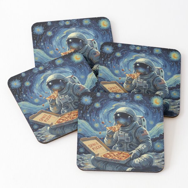 Item preview, Space man, astronaut and pizza in impressionism, famous painting, Starry Night Style Van Gogh painting impressionism designed and sold by Collagedream.