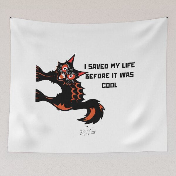 Item preview, I Saved My Life Before It Was Cool – Funny Furious Cat & 90s Tech Pun T-Shirt, Sticker, Mug Design & more designed and sold by LOLbySA.