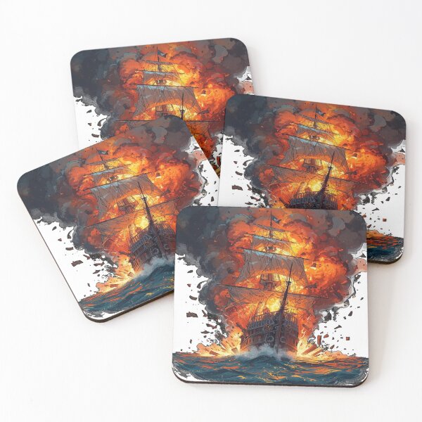 Item preview, Exploding Pirate Ship – Epic Naval Battle Art designed and sold by Mythic Tide.