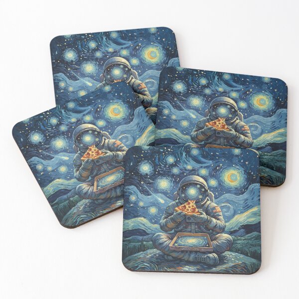Item preview, Space man, astronaut and pizza in impressionism, famous painting, Starry Night Style Van Gogh painting impressionism designed and sold by Collagedream.