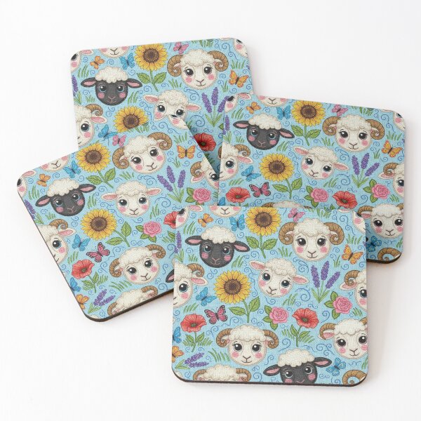 Item preview, Kawaii Sheep and Lamb Pattern Farm Floral Chibi Design Sunflower and Butterfly Print designed and sold by JOSTH.