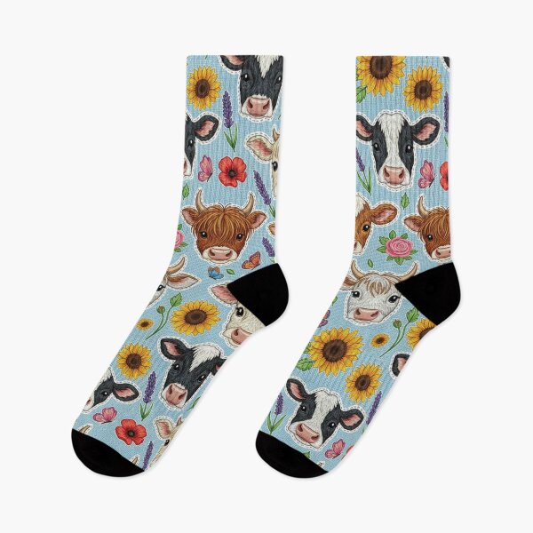 Item preview, Kawaii Highland Cow and Farm Breeds Cow Face Pattern Sunflower and Butterfly Print designed and sold by JOSTH.