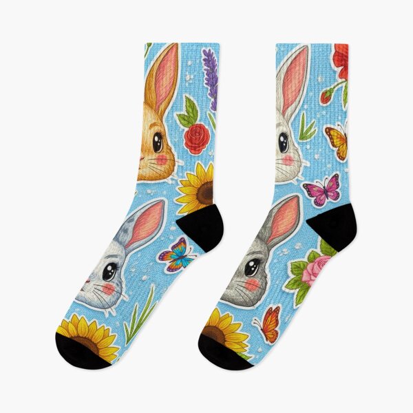 Item preview, Kawaii Rabbit and Carrot Pattern Country Sunflower and Butterfly Design Floral Bunny Print designed and sold by JOSTH.