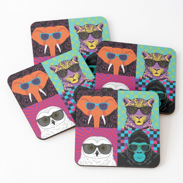Item preview, Colorful Animal Portraits – Elephant, Leopard, Owl & Gorilla with Sunglasses – Funky Pop Art Animal Collage designed and sold by InkRebelprint.