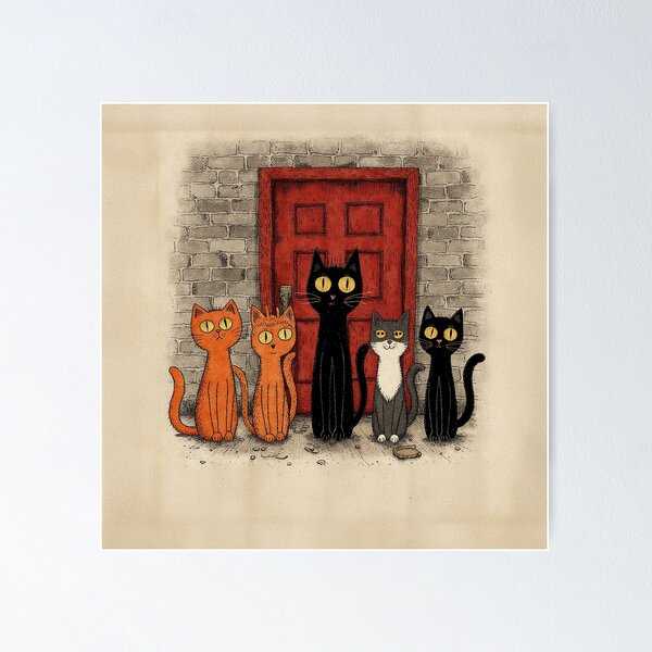 Item preview, Five Cats by the Red Door – Neighborhood Watch designed and sold by Whimsical Hug.