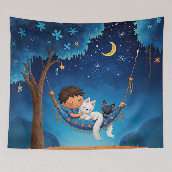Item preview, Dreaming Under the Stars – Boy and Cats in a Hammock designed and sold by Whimsical Hug.