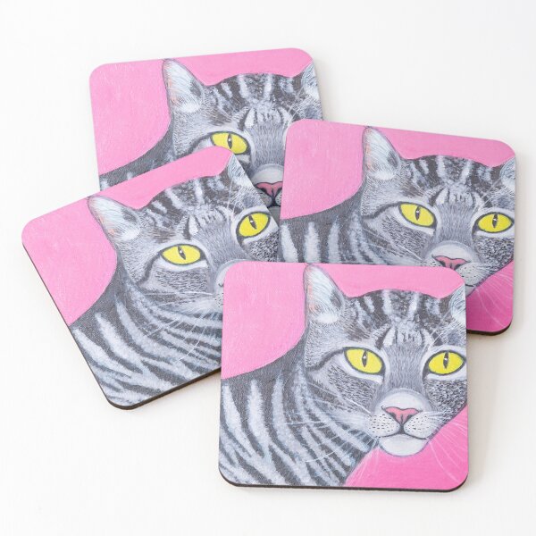 Item preview, Striped Cat with yellow eyes in the pink designed and sold by Rebekah Gavra.