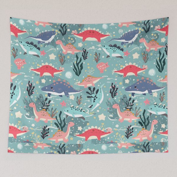 Item preview, Dusty Coral & Teal Dino Garden Pattern | Sweet Botanical Nursery Aesthetic designed and sold by MoonlitDoodles1.