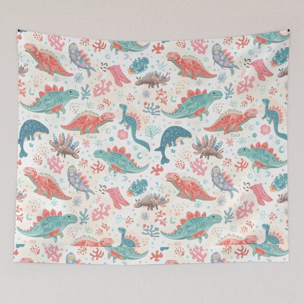 Item preview, Playful Dino Apothecary Pattern | Coral, Aqua & Mint Folk Art Design designed and sold by MoonlitDoodles1.