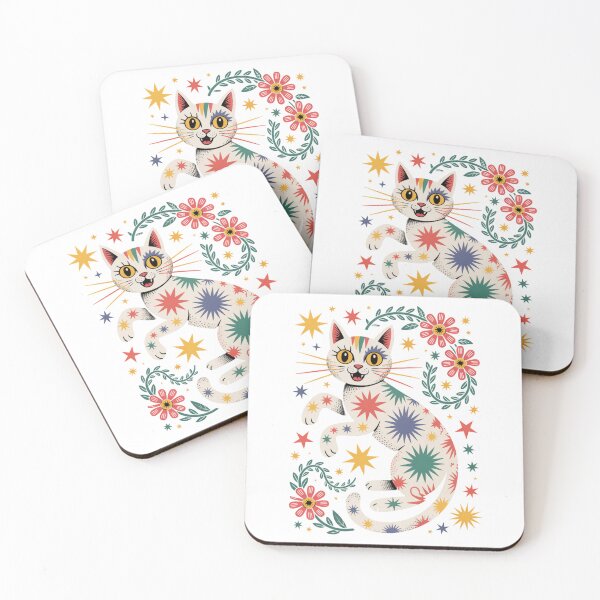 Item preview, Whimsical Folk Art Cat Illustration Bohemian Cheerful Style designed and sold by chattsuede.