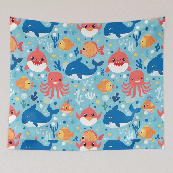 Item preview, Smiling Shark & Octopus Pattern | Vibrant Sea Life Cartoon Design designed and sold by MoonlitDoodles1.