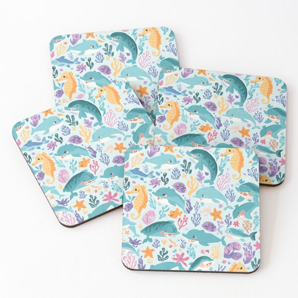 Item preview, Vibrant Coral Reef Happy Dolphin & Seahorse Pattern designed and sold by MoonlitDoodles1.