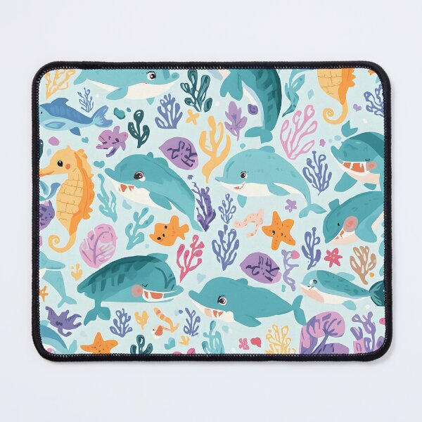 Item preview, Vibrant Coral Reef Happy Dolphin & Seahorse Pattern designed and sold by MoonlitDoodles1.