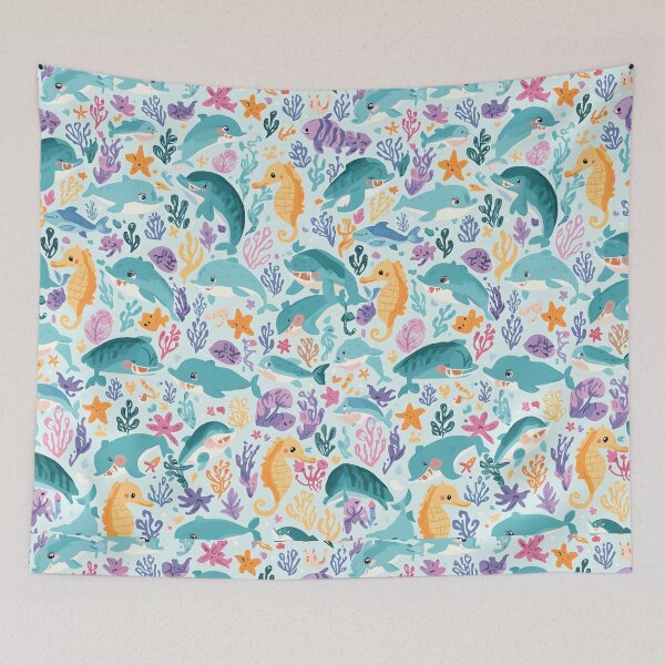 Item preview, Vibrant Coral Reef Happy Dolphin & Seahorse Pattern designed and sold by MoonlitDoodles1.