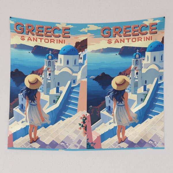 Item preview, 90s Anime Girl Greece Santorini Travel Pixel art style designed and sold by Pixel-Destinations.