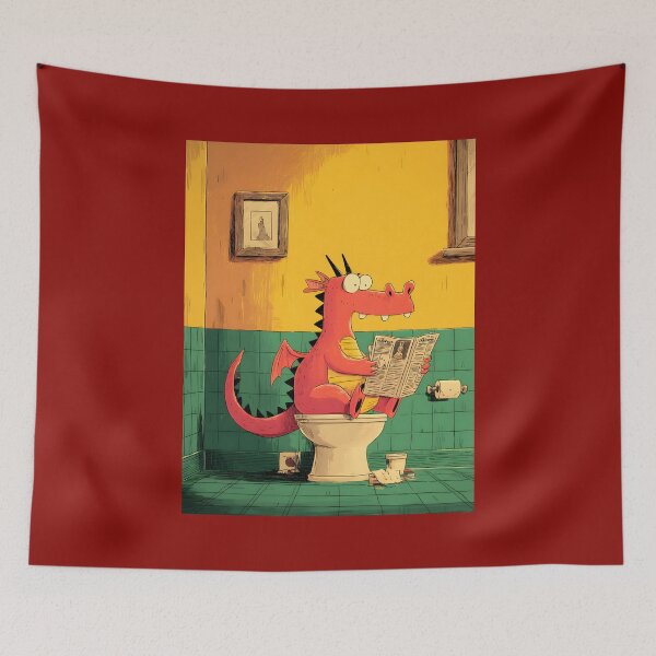 Item preview, Hilarious Dinosaur Artwork Relaxing on Toilet Reading the Newspaper in Colorful Bathroom Scene designed and sold by OlfactoART Studio.