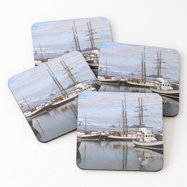 Item preview, Wooden fishing boats in the harbor of Húsavík, Iceland – Nordic coastal landscape designed and sold by Clauzierra.