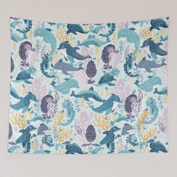 Item preview, Coastal Cottagecore Dusty Ocean Life Pattern designed and sold by MoonlitDoodles1.