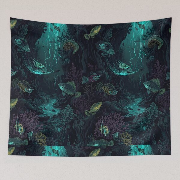 Item preview, Subterranean River of Light: Ethereal Deep Sea Cavern Pattern with Bioluminescent Fish designed and sold by MoonlitDoodles1.