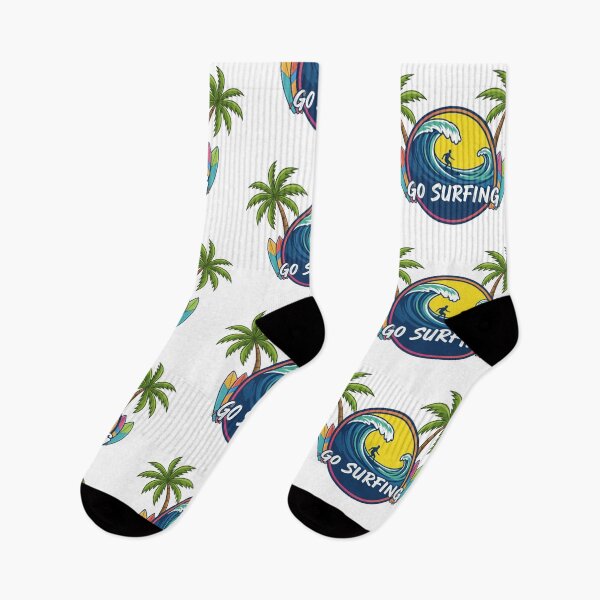 Item preview, Go Surfing Beach Adventure Retro Surfer Design Tropical Waves and Palm Trees designed and sold by DibuHumor.
