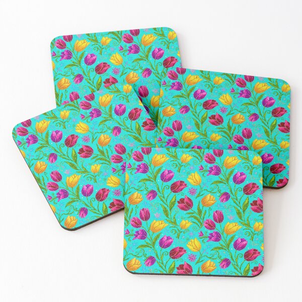 Item preview, Embroidered Tulips Floral Pattern Boho Spring Turquoise designed and sold by JOSTH.