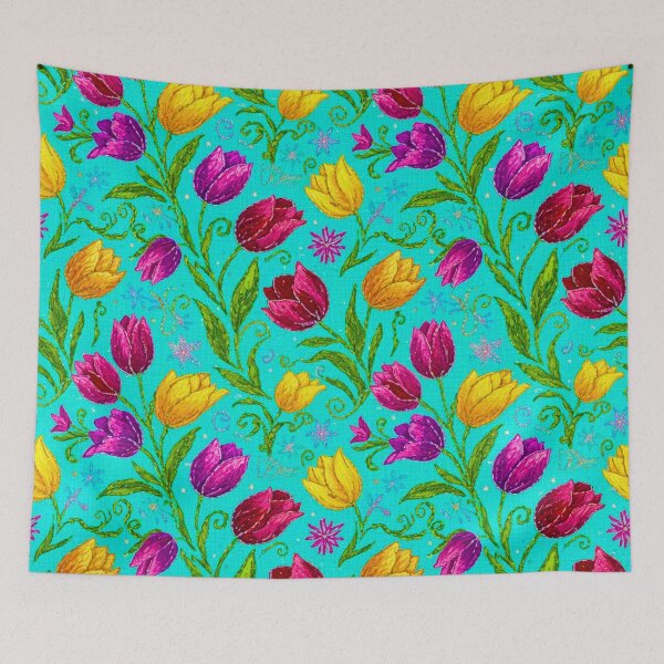 Item preview, Embroidered Tulips Floral Pattern Boho Spring Turquoise designed and sold by JOSTH.