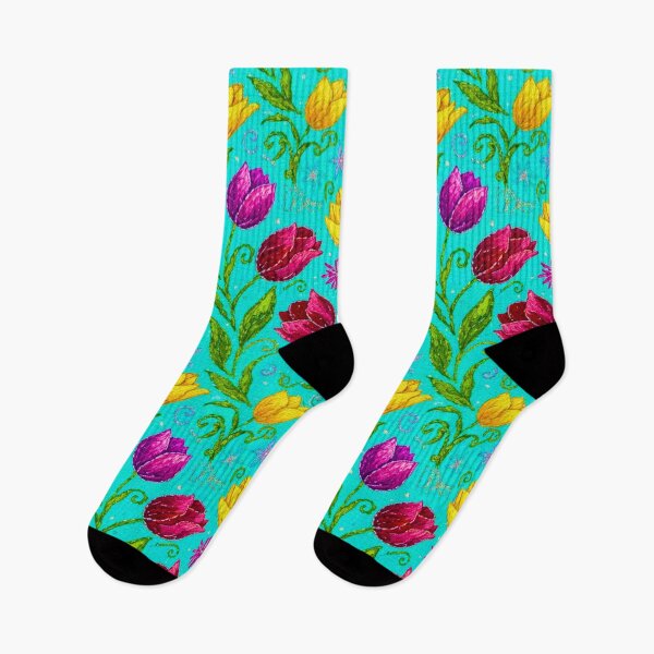 Item preview, Embroidered Tulips Floral Pattern Boho Spring Turquoise designed and sold by JOSTH.