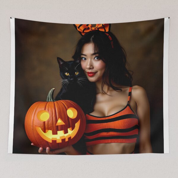 Item preview, halloween candy striper black cat carved pumpkin designed and sold by SmashingDeals.