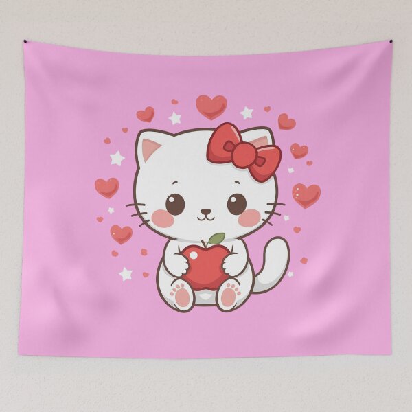 Item preview, Sweet White Kitten with Apple and Hearts – Kawaii designed and sold by SweetRossel.