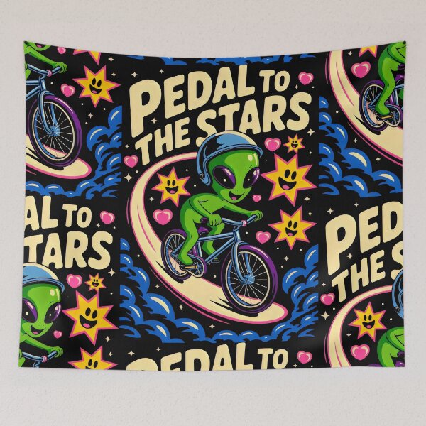 Item preview, Curved Rainbow Trail Beneath a Happy Alien Cyclist designed and sold by SplashTastic.