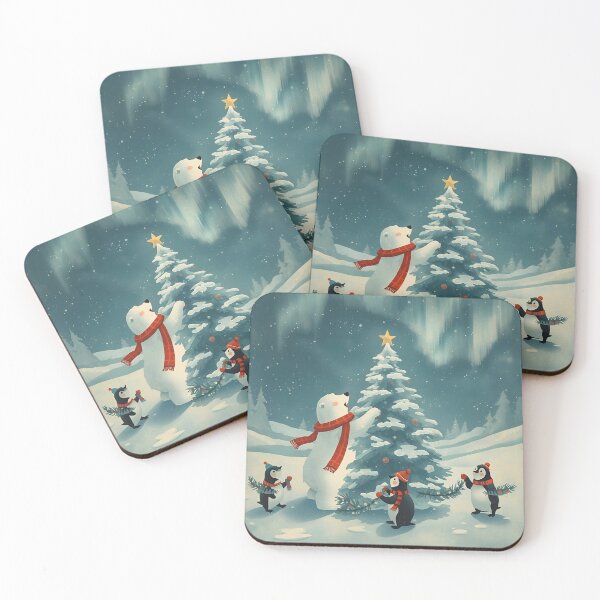 Item preview, Polar Bear and Penguins Decorating Their Icy Christmas Tree designed and sold by WildlifeWhimsy.