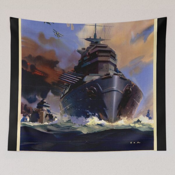 Item preview, WWII British Propaganda Poster | Powerful Battleship & Biplanes | Help Britain Finish the Job | Vintage Naval Art Print designed and sold by artofuniverse.