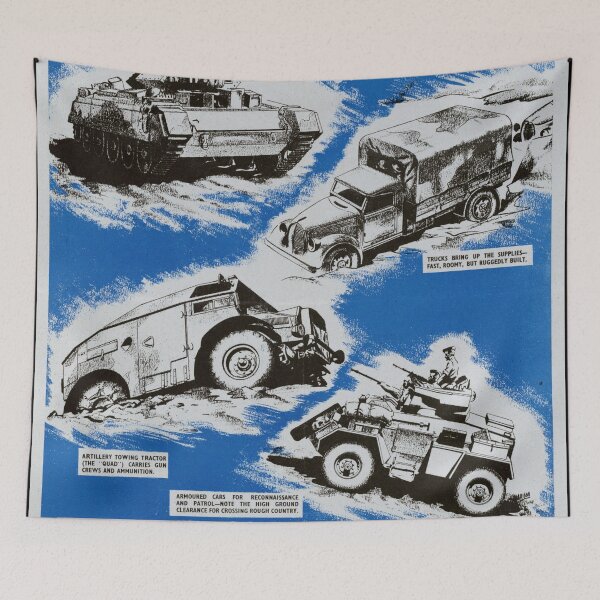 Item preview, Vintage WWII British War Savings Poster | Mechanized Army Art | Monochrome Blue & Black Military Vehicles Print designed and sold by artofuniverse.