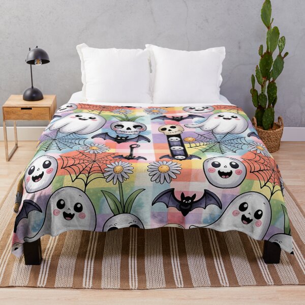 Item preview, Kawaii Ghosts & Bats Watercolor Halloween Pattern – Cute Spooky Seamless Design Throw Pillow & Blanket designed and sold by ZyxDes.