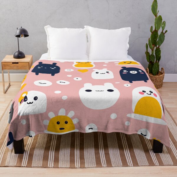Item preview, Cute cartoon characters Blankets -Pastel Kawaii Creature Throw Blanket- Playful Cartoon Face Blanket - Adorable Kawaii Pattern Throw designed and sold by vanilla art.
