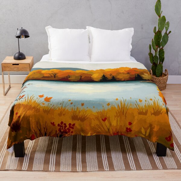 Item preview, A painting of autumn trees on rivers and a background of mountains Blanket- Tranquil Autumn Morning Throw designed and sold by vanilla art.