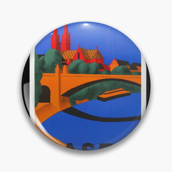 Item preview, Vintage Basel Travel Poster | Mid-Century Art Deco Style | Bold Colors & Architectural Landmarks | Basel Minster & Rhine River designed and sold by artofuniverse.