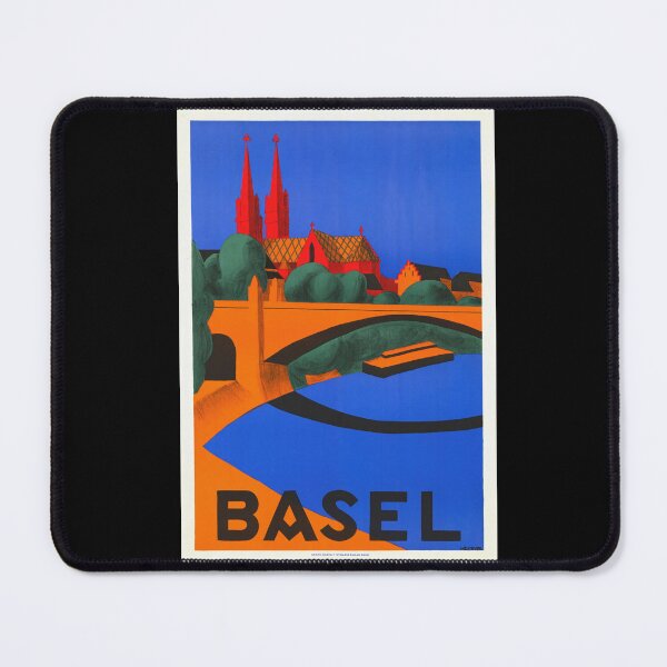 Item preview, Vintage Basel Travel Poster | Mid-Century Art Deco Style | Bold Colors & Architectural Landmarks | Basel Minster & Rhine River designed and sold by artofuniverse.